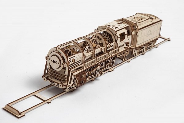 Dřevěná stavebnice 3D mechanické Puzzle Parní lokomotiva s tendrem