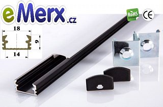 Komplet - Profil pro LED pásky P2 černý délka 1m  + kryt profilu + 2x koncovka